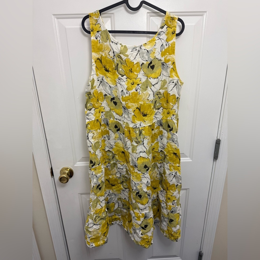 Women’s Valentina Naldi 100% Linen Yellow Floral Sleeveless Dress Sz L Summer - Picture 6 of 6
